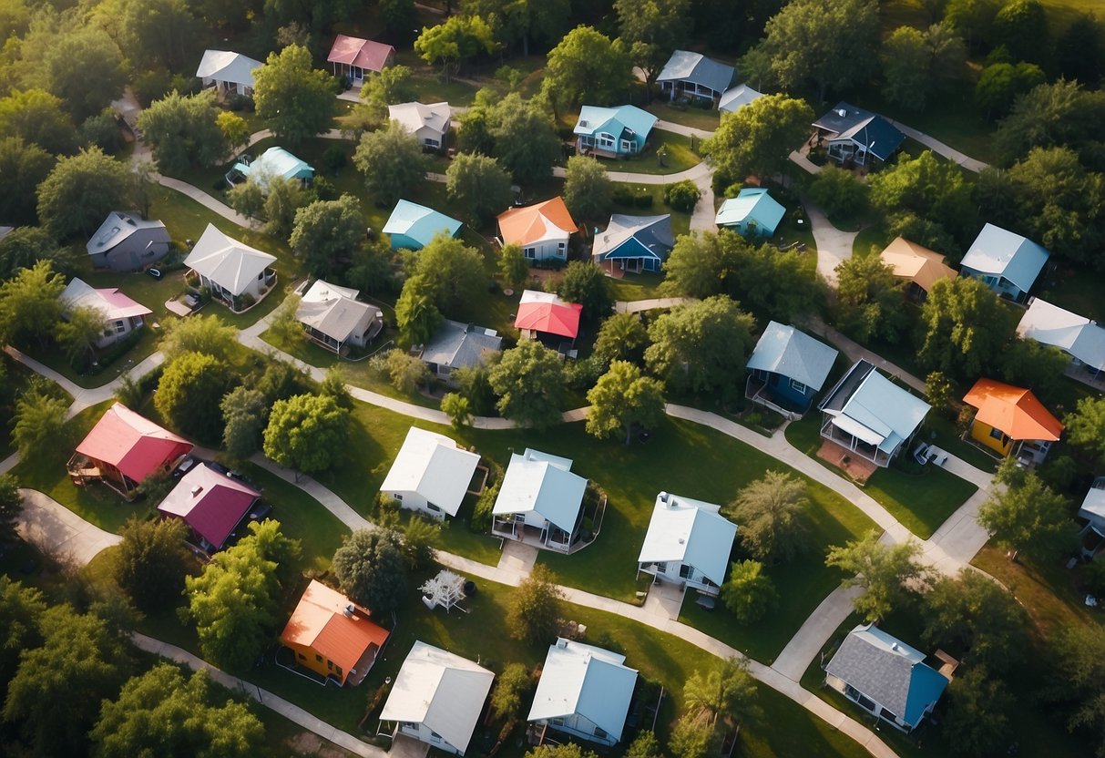 Aerial view of a Texas tiny home community with colorful houses and lush greenery