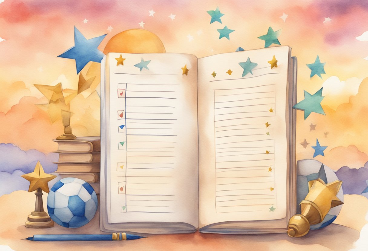 A blank checklist with checkboxes, surrounded by symbols of achievement such as trophies and stars, against a backdrop of a rising sun