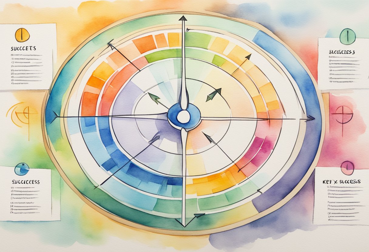 A checklist of key success factors, surrounded by arrows pointing towards a target bullseye