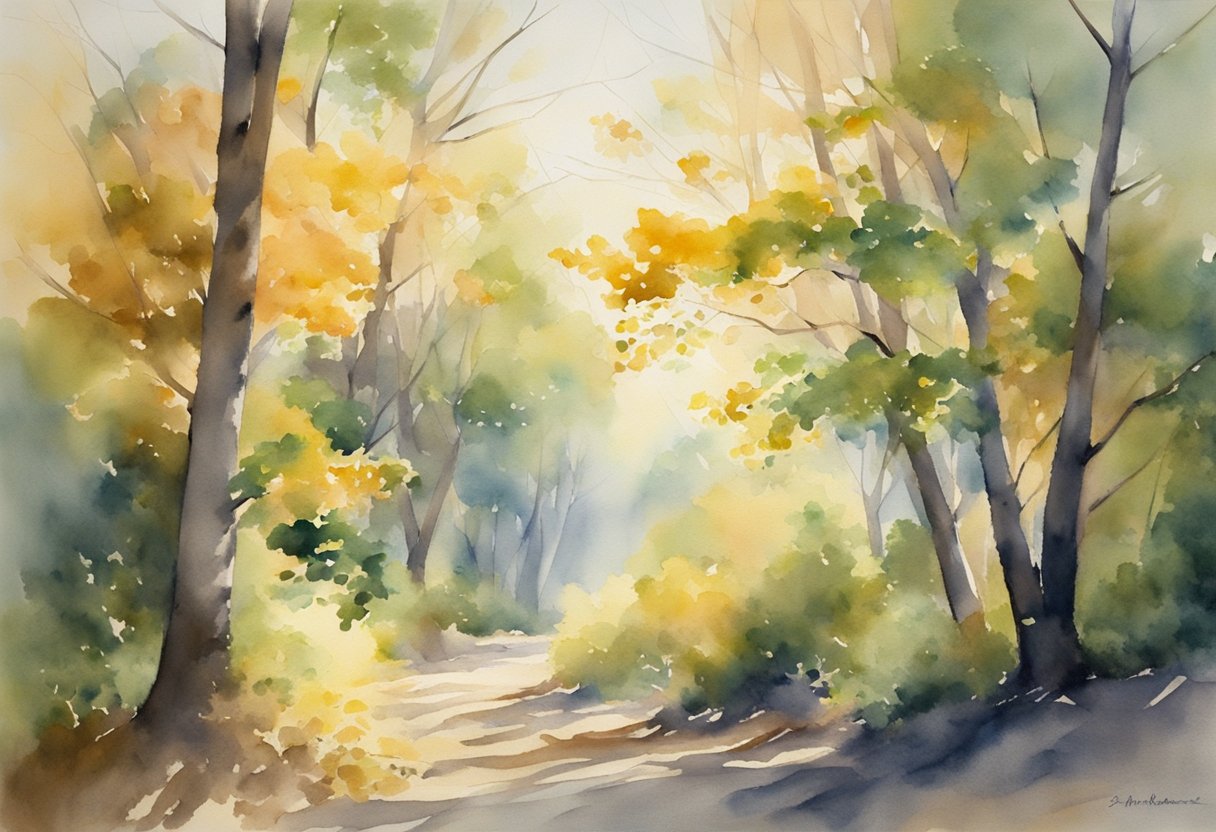 The wind rustles through the trees, causing the leaves to dance and sway in the sunlight filtering through the branches