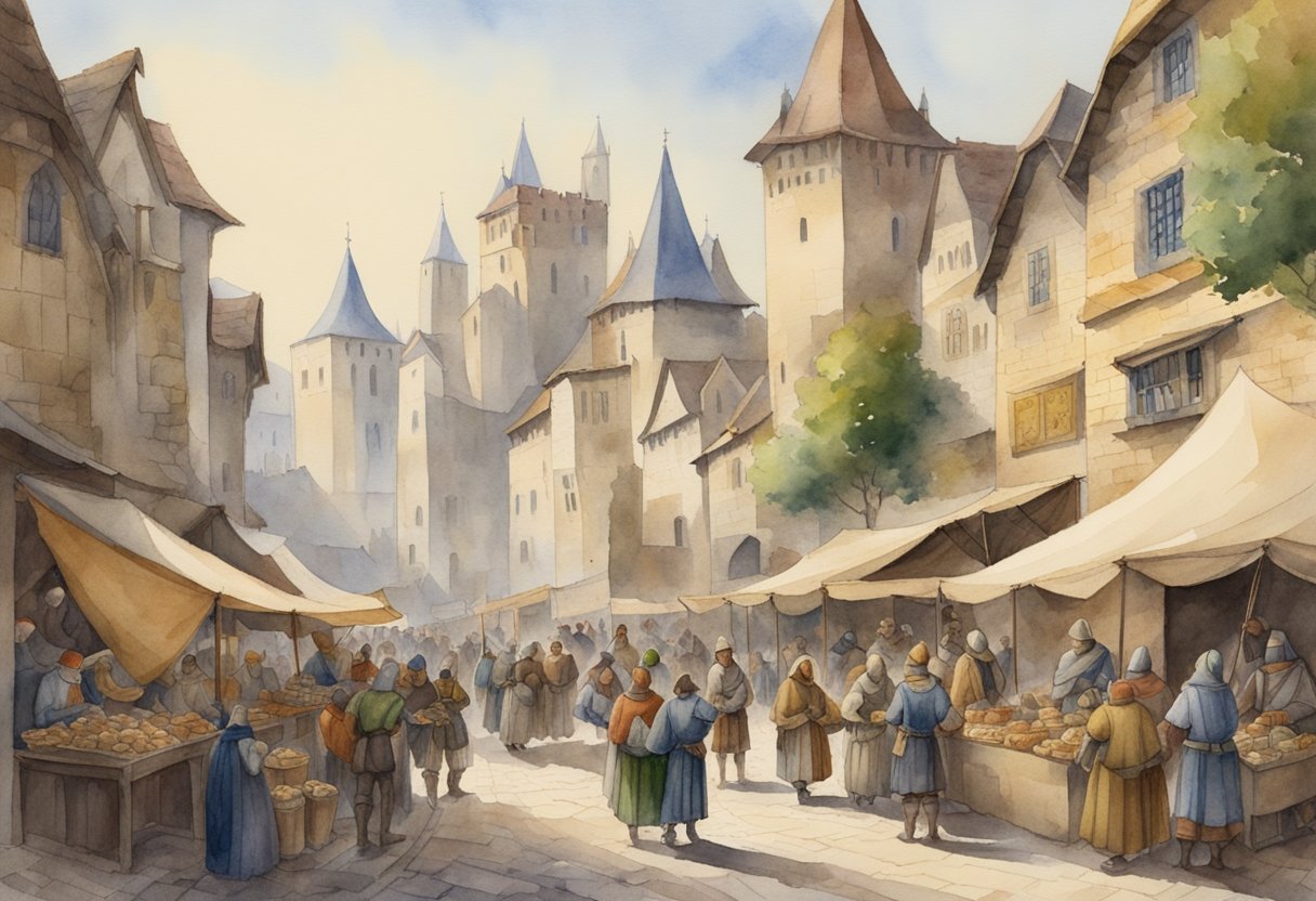 A bustling medieval marketplace with merchants selling goods and people haggling over prices, while knights on horseback patrol the area