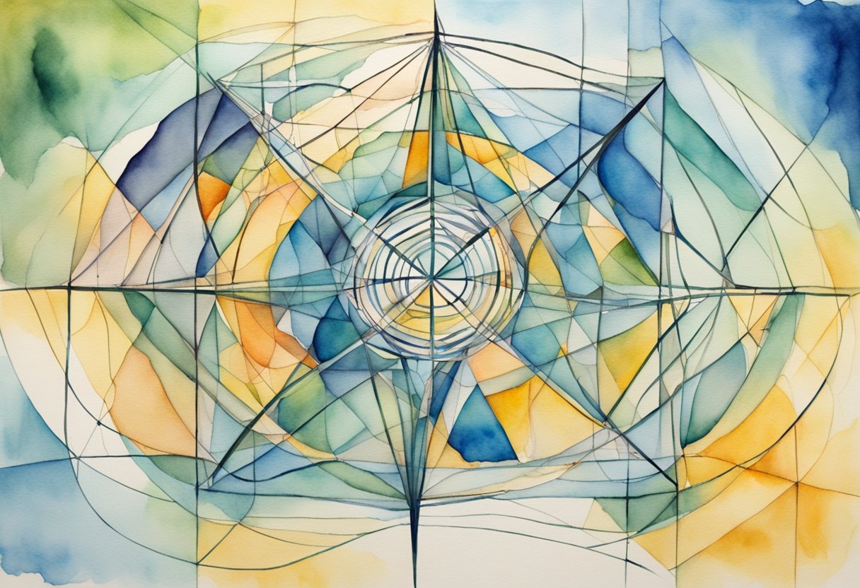 A web of interconnected lines and shapes, radiating from a central point, symbolizing the interconnectedness of various theoretical frameworks