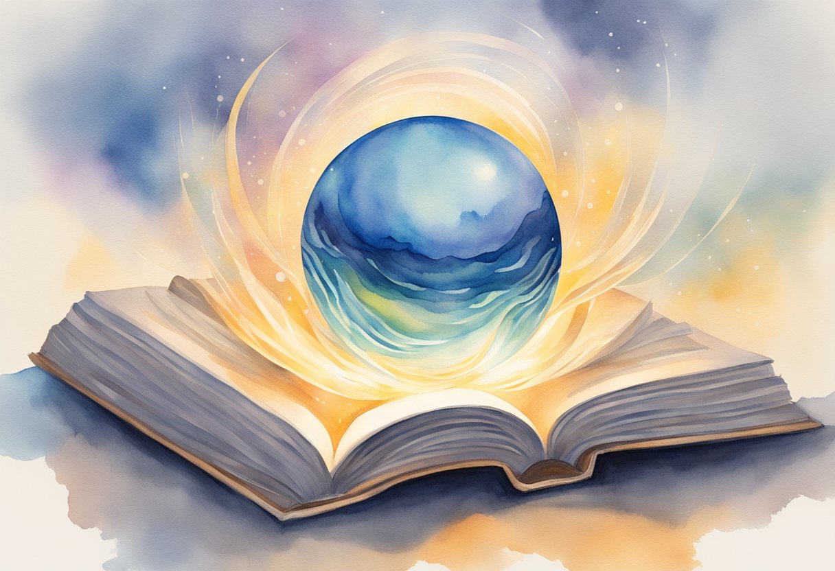 A glowing orb hovers above a book, emitting waves of light that ripple across the pages, evoking a sense of knowledge and understanding