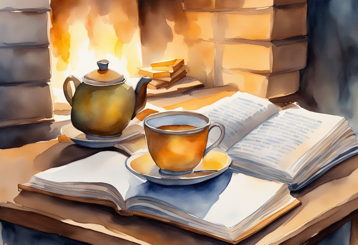 The book is being read by a cozy fireplace, with a warm glow illuminating the pages. A cup of steaming tea sits on a nearby table