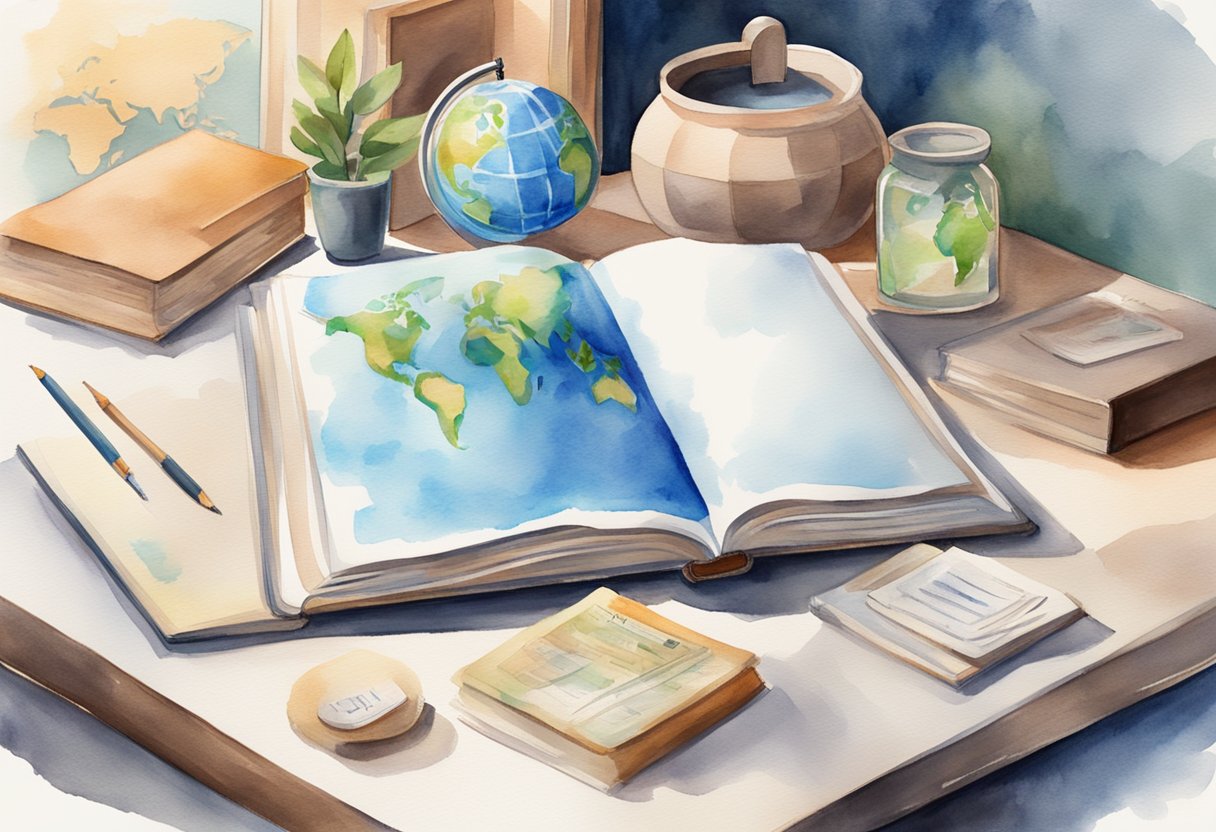 A book sits open on a desk, surrounded by various language learning materials. A globe and a stack of flashcards are nearby, highlighting the global and interactive nature of language learning