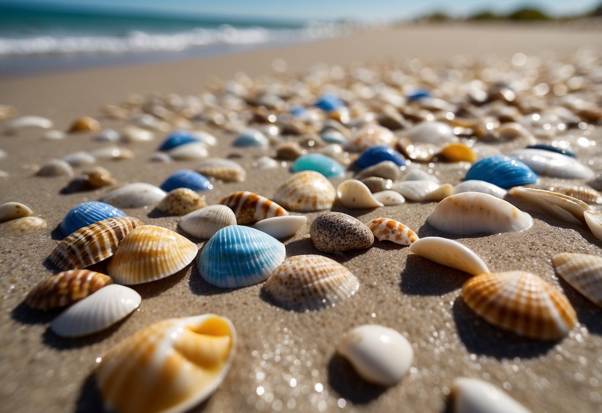 Sandy shorelines scattered with colorful shells, waves gently washing up on the beach, and a clear blue sky overhead