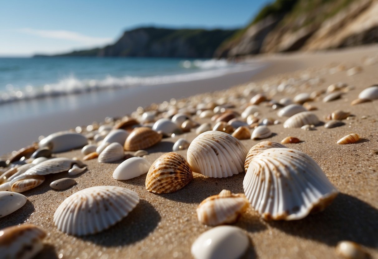 Sandy shore with scattered shells, clear blue water, cliffs in the distance, and a serene atmosphere