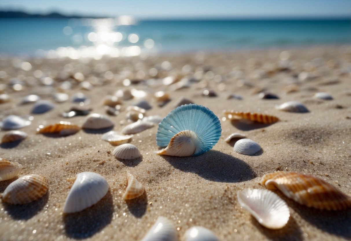 Glistening sand, clear blue waters, and scattered seashells on the shore of a serene beach in Italy