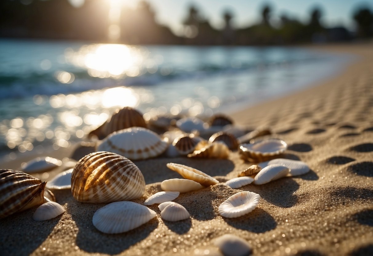 Sandy shore with waves, palm trees, and scattered seashells