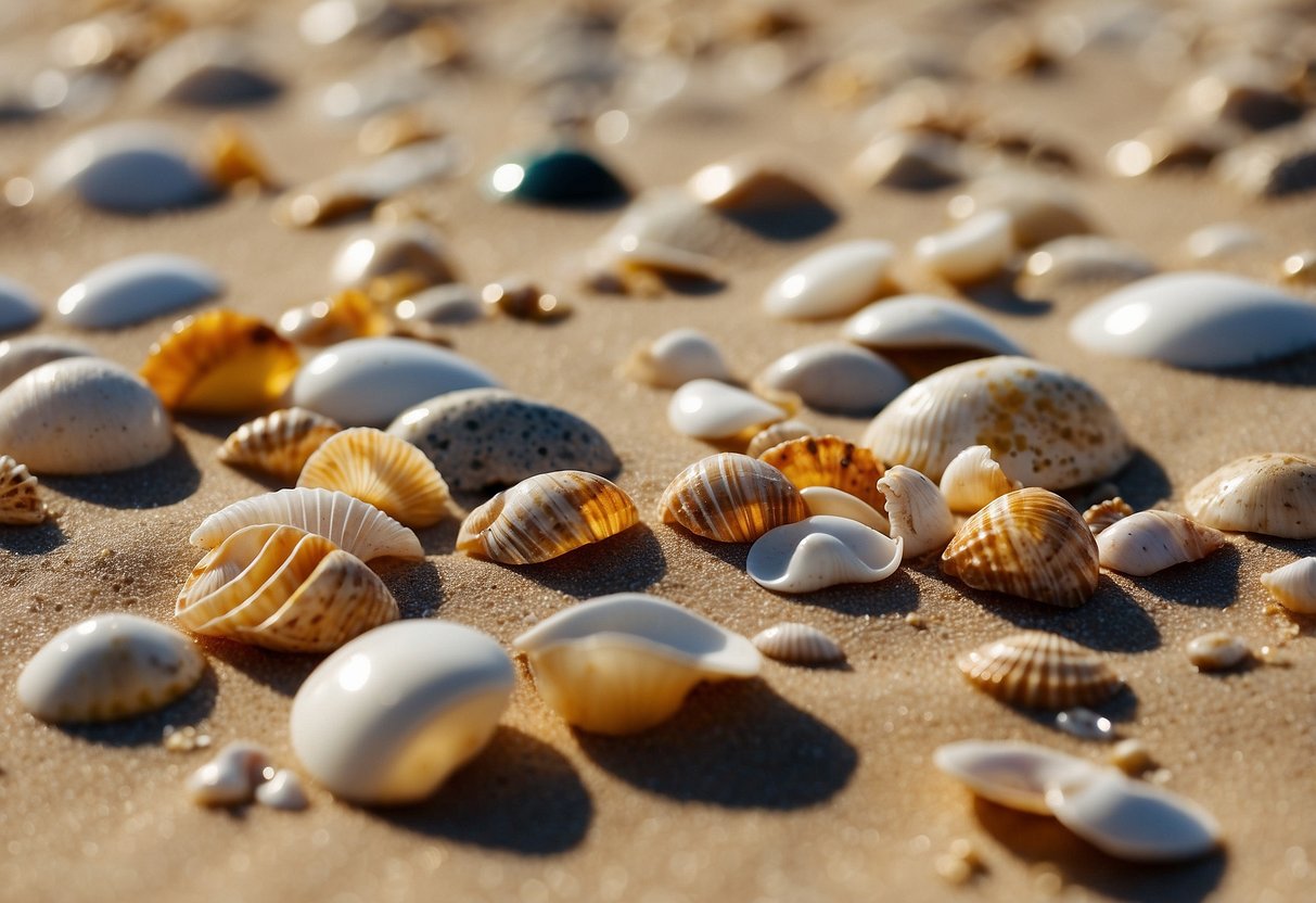 Golden sands stretch along the coastline, scattered with colorful shells of various shapes and sizes. The gentle waves wash up onto the shore, revealing a treasure trove of natural beauty