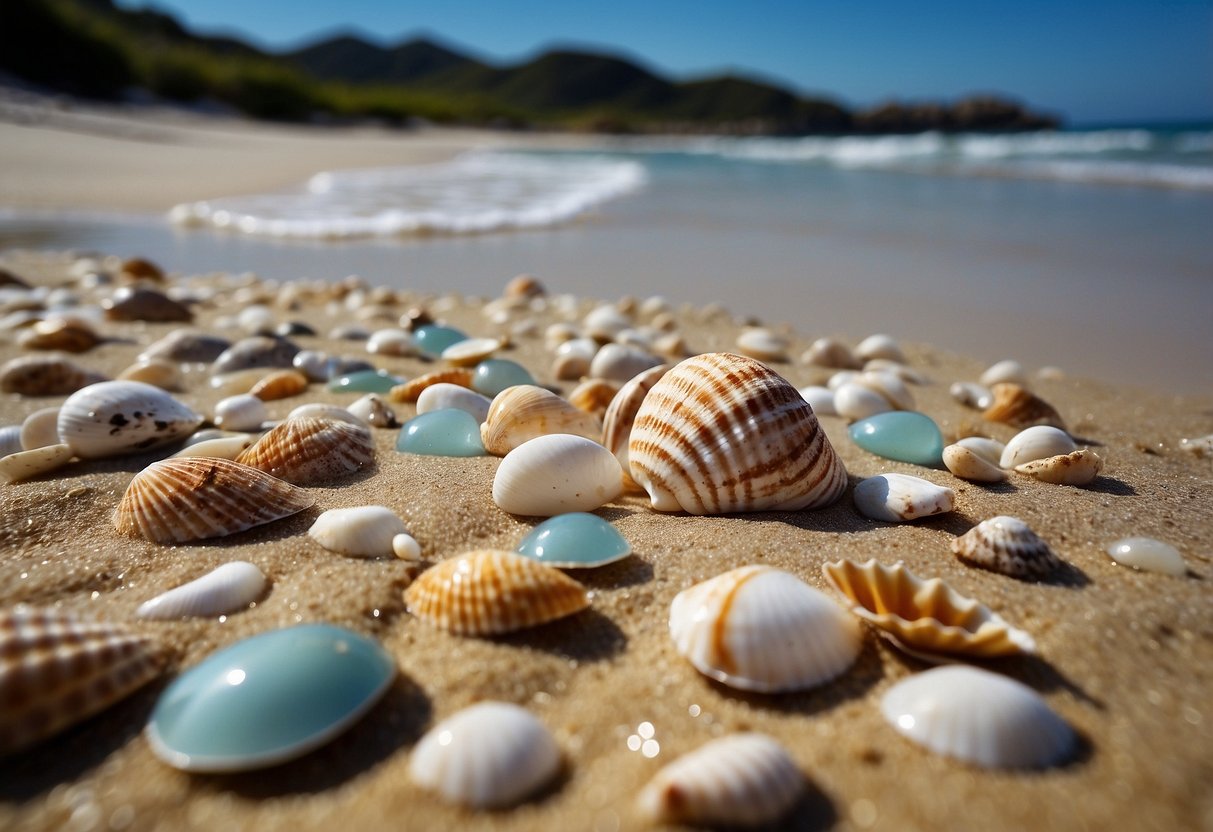 Sandy beach with scattered seashells, clear blue water, and distant rock formations under a sunny sky