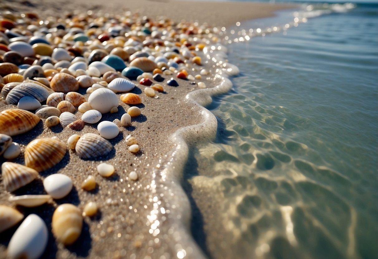 Glistening sand stretches along the shore, scattered with colorful shells of all shapes and sizes. Crystal-clear waters gently lap at the beach, creating a serene backdrop for shell collectors