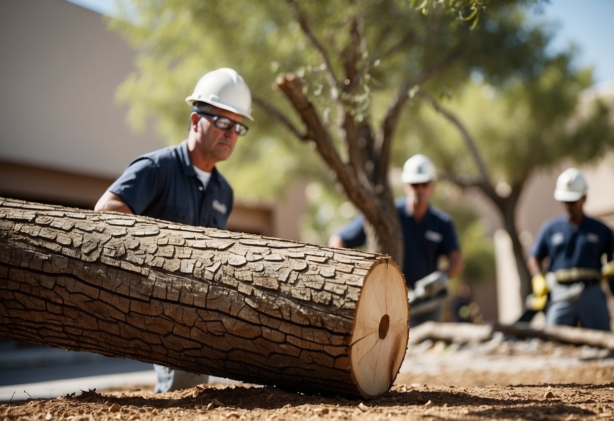 A large tree being cut down by a crew in Las Vegas, with branches being lowered to the ground and a wood chipper in the background