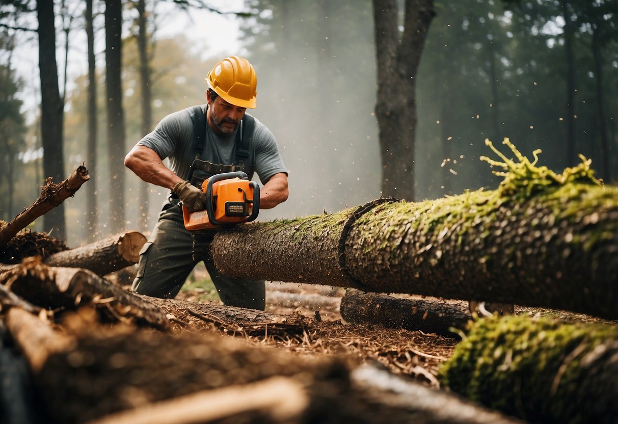 A tree being cut down with a chainsaw, while a worker uses ropes and pulleys to guide the tree's fall. Debris and sawdust scatter around the area