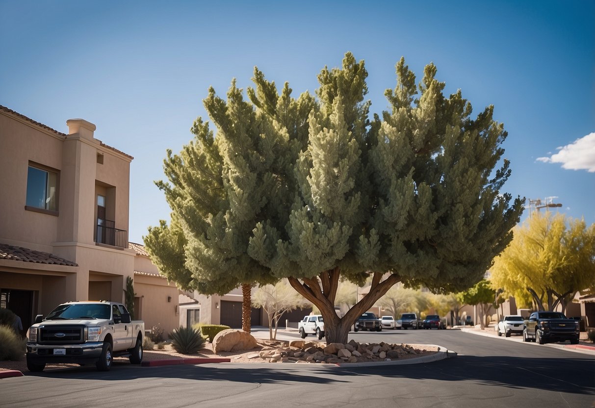 A tree being removed by a professional service in Las Vegas, with a focus on customer care and additional services provided