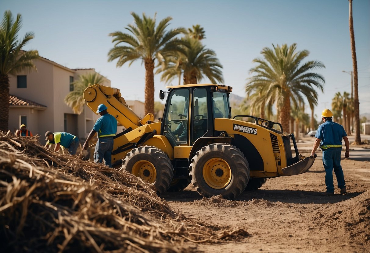 A group of workers use heavy machinery to uproot palm trees in a Las Vegas neighborhood