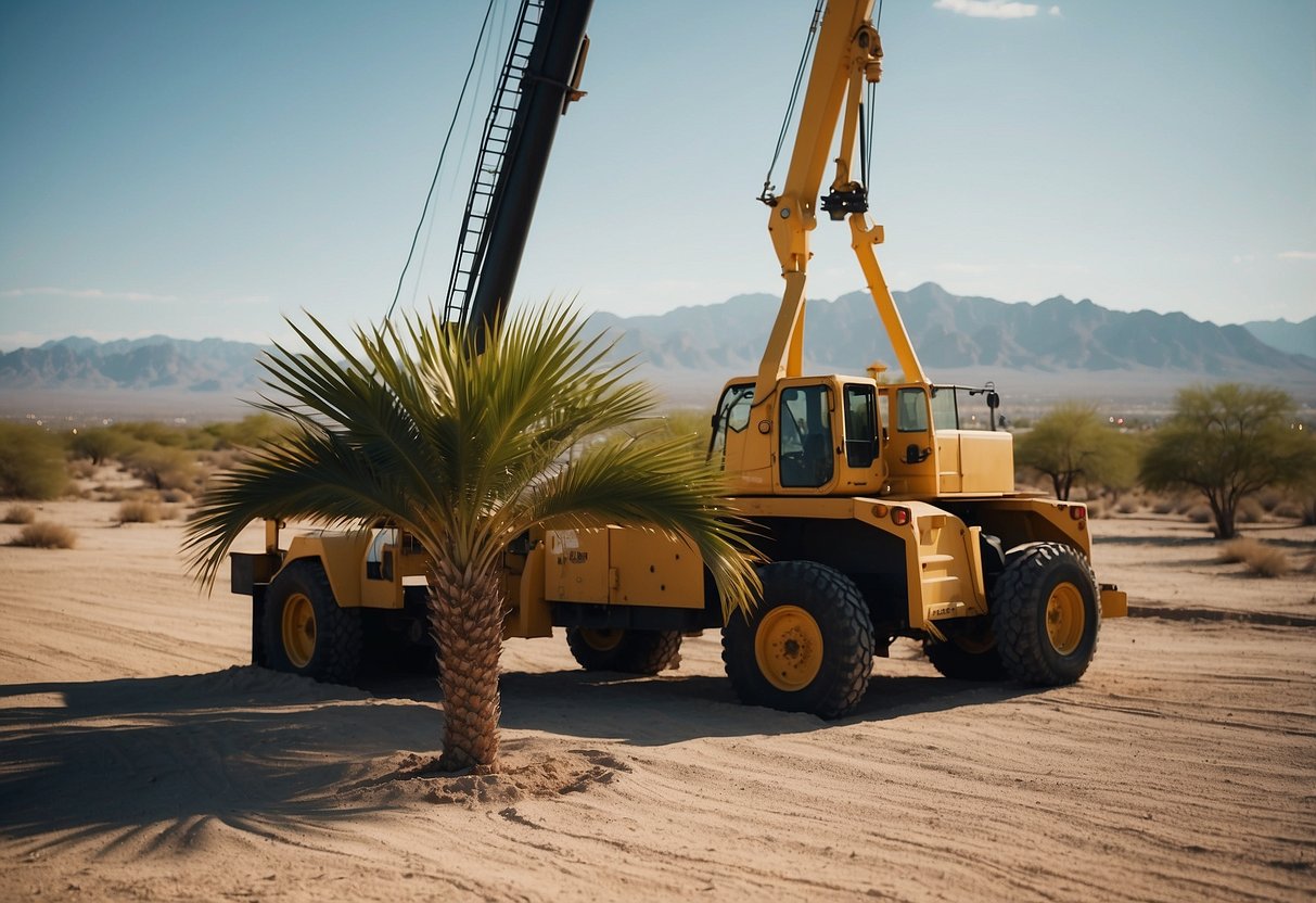 A palm tree being lifted out of the ground by a crane in the desert landscape of Las Vegas