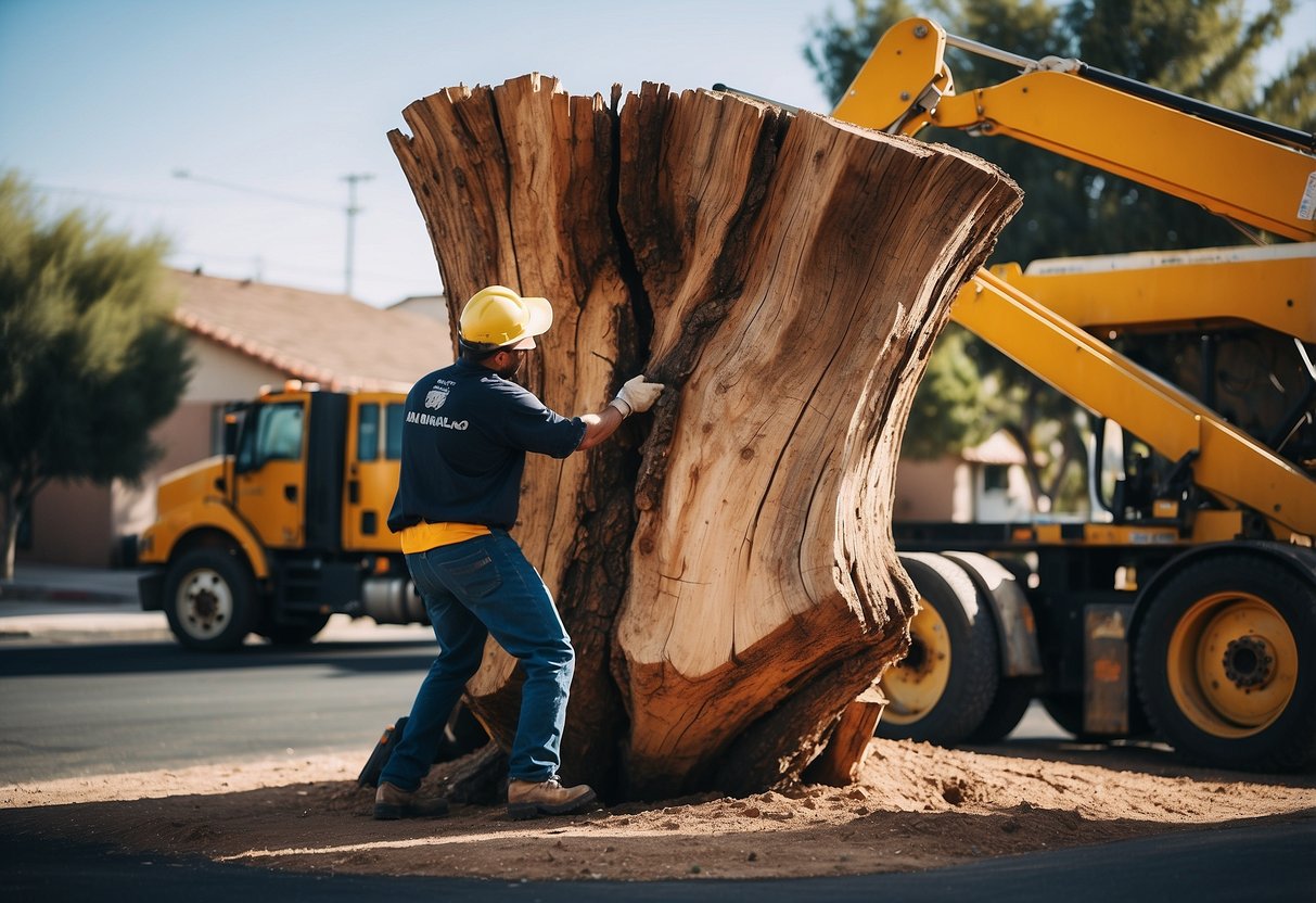 A large tree stump being lifted and removed by a heavy-duty machine in a residential area of Las Vegas