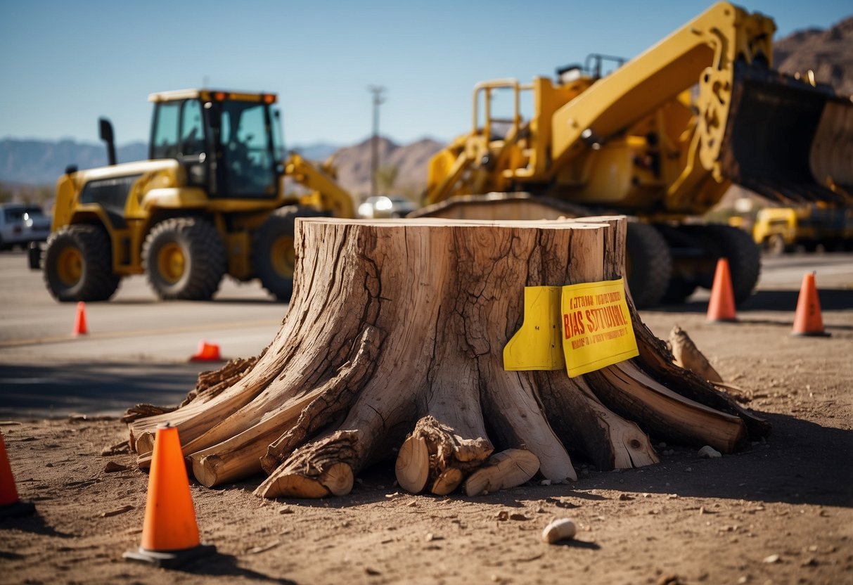 A tree stump being removed in Las Vegas, with heavy machinery and workers in safety gear, surrounded by caution tape and warning signs