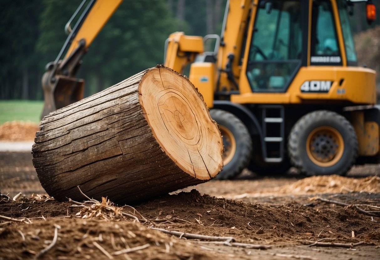 A large tree stump being removed from the ground with heavy machinery, surrounded by a cleared area and scattered wood chips