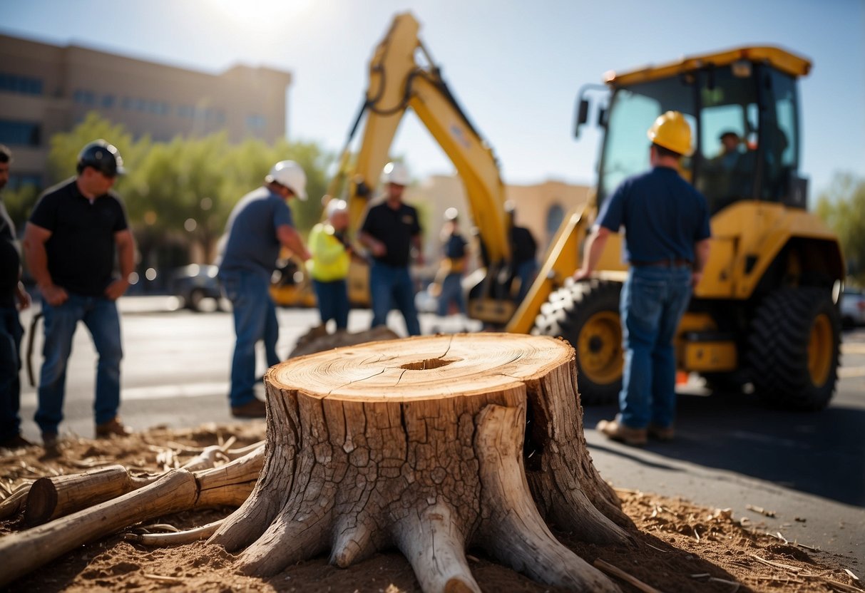 A tree stump being removed in Las Vegas, with a team using heavy equipment and tools, surrounded by onlookers and a cityscape in the background