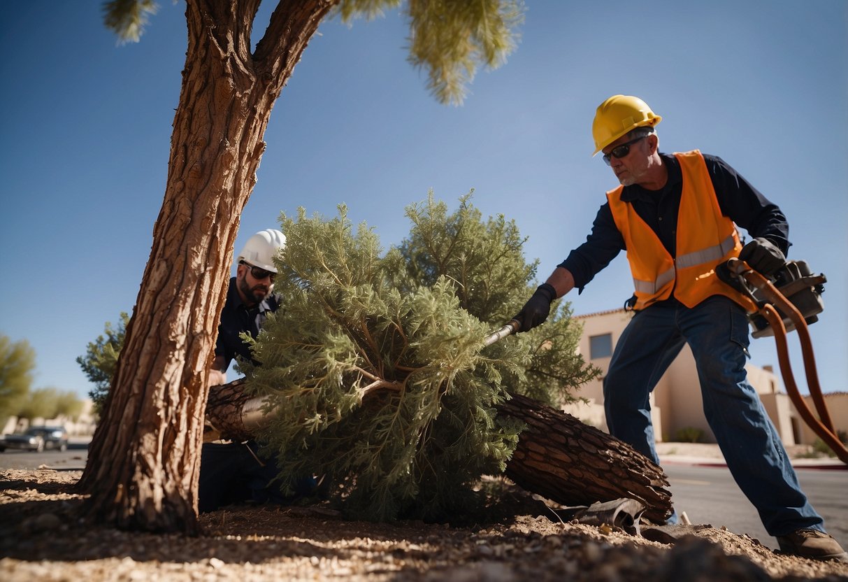 A tree being removed in Las Vegas, with a crew and equipment in action, against a backdrop of urban buildings and a clear blue sky