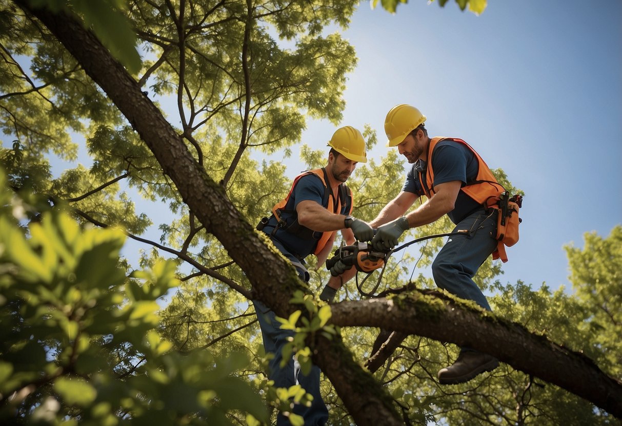 A tree maintenance crew trimming branches and inspecting for potential hazards to prevent future costs