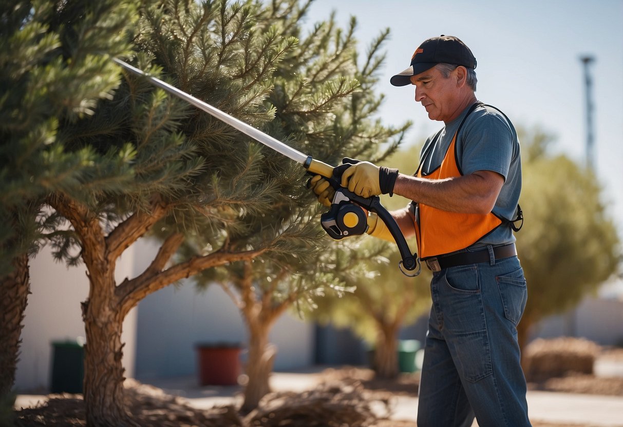 A tree being trimmed by a professional in Las Vegas. The tree is surrounded by equipment and workers