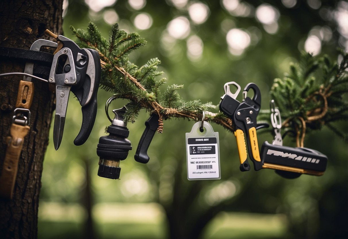 A tree with a price tag hanging from its branches, surrounded by various tools and equipment for tree service