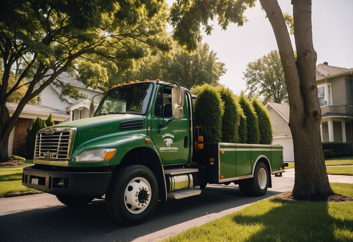 A tree service truck parked in front of a suburban home with workers trimming and pruning trees in the yard