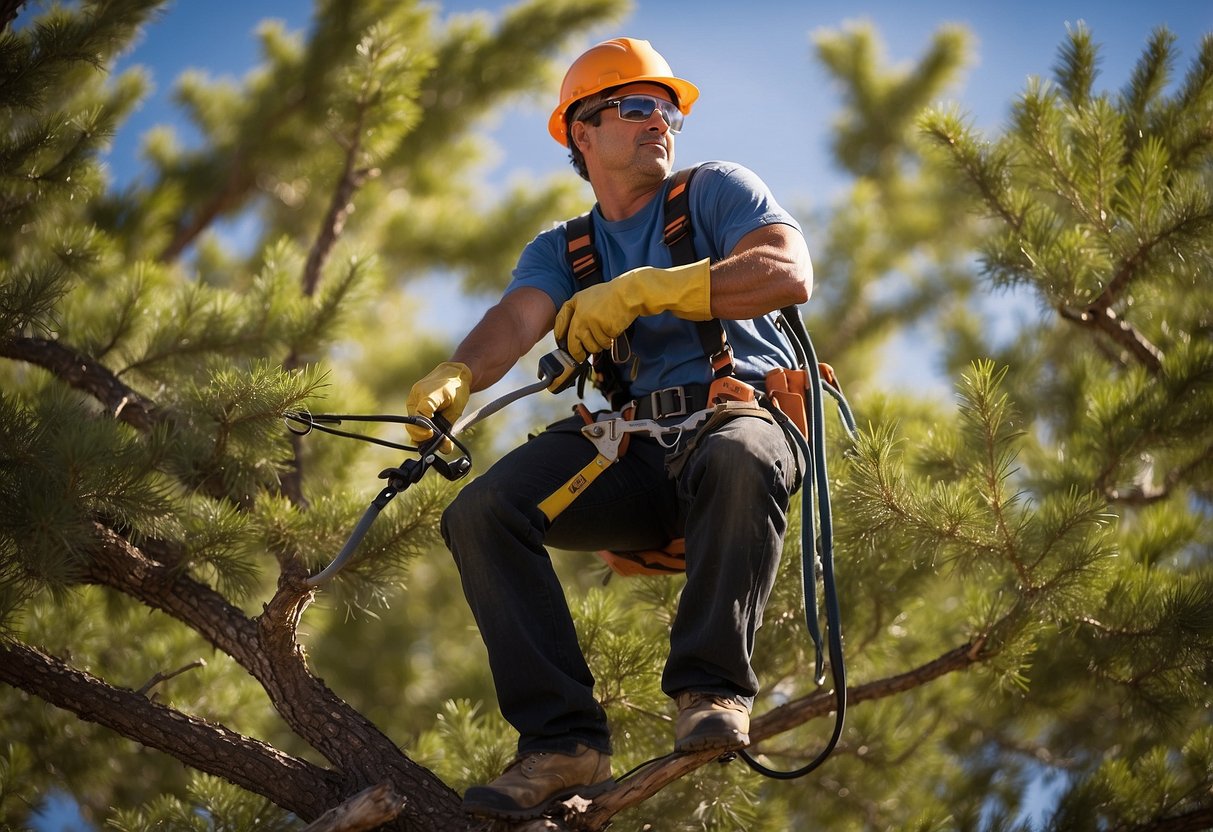 A tree maintenance worker uses safety harness and equipment while trimming branches in a Las Vegas residential area