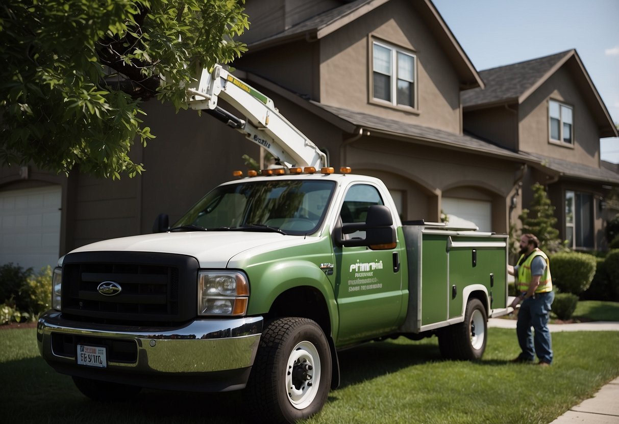 A tree service truck parked in front of a suburban home, with workers using specialized equipment to trim or remove trees