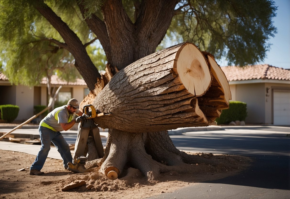 A large tree being cut down by a professional crew in a suburban Las Vegas neighborhood. The tree is being carefully dismantled and removed from the property