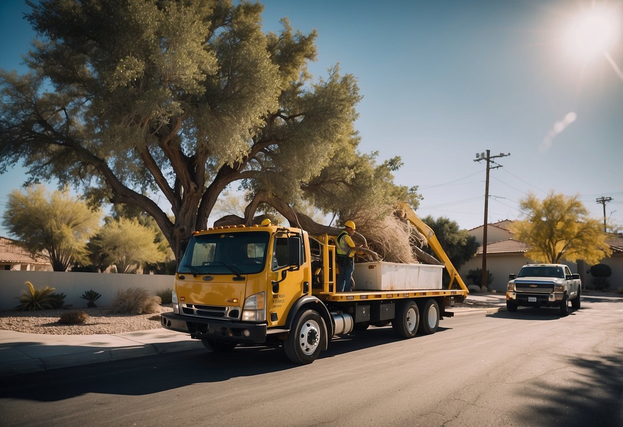 A tree removal truck parked outside a Las Vegas property, with workers using equipment to safely and efficiently remove a large tree