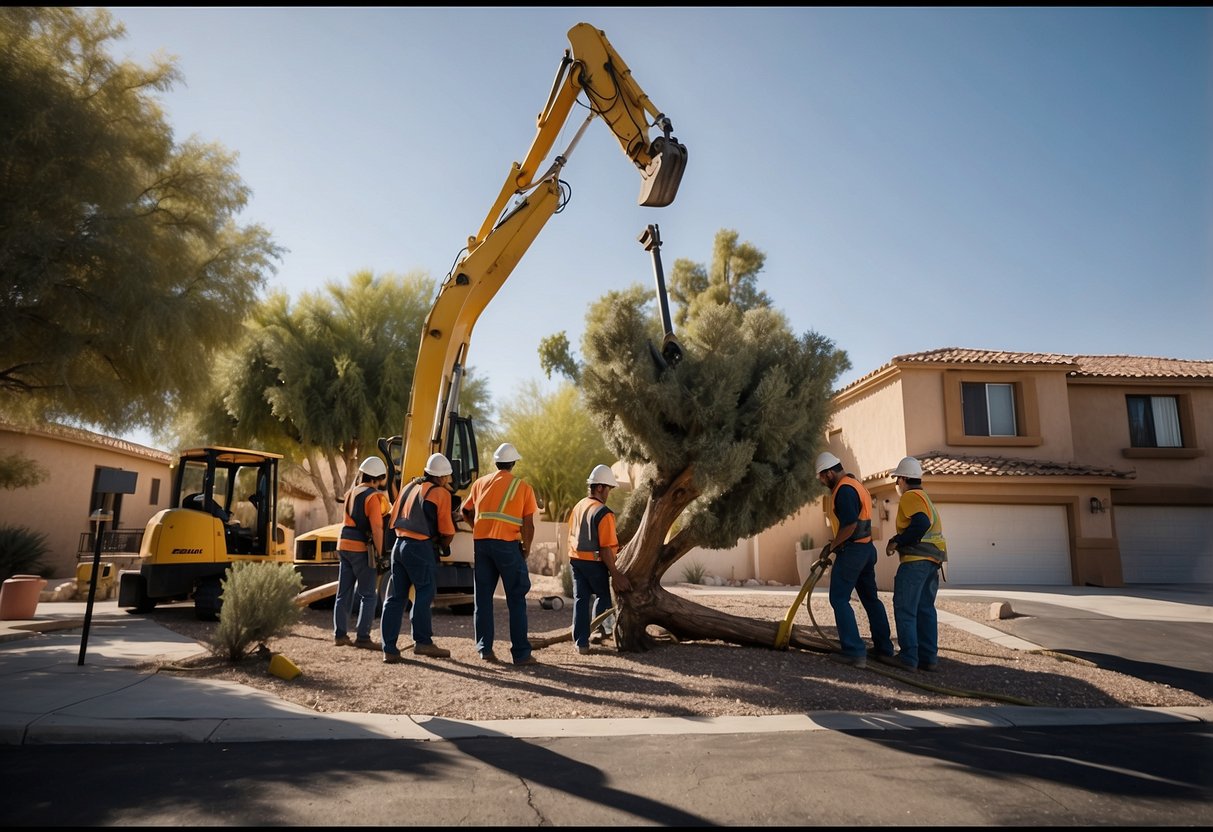 A team of workers safely removes a large tree in a residential area of Las Vegas, using professional equipment and following strict safety protocols