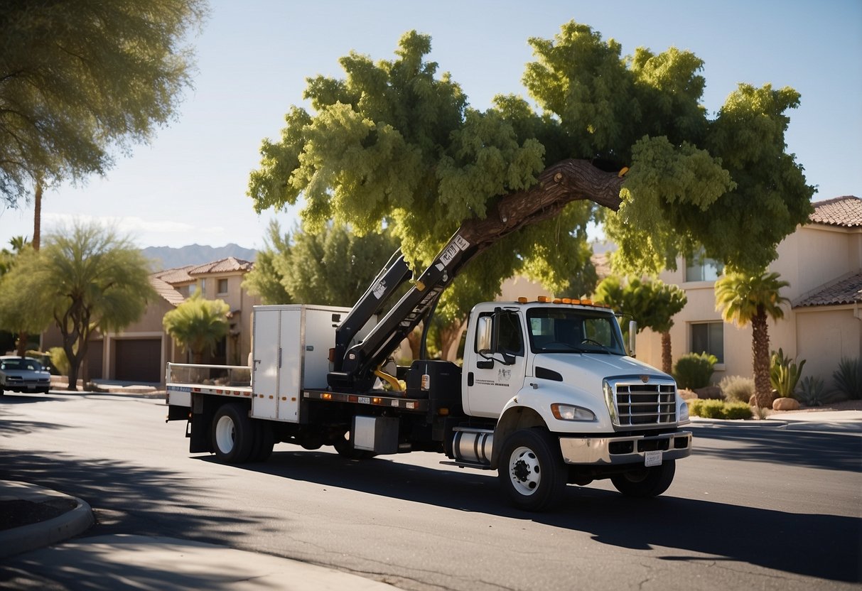 A tree removal truck parked in a residential area of Las Vegas. Workers using equipment to safely remove a tree while a supervisor oversees the process