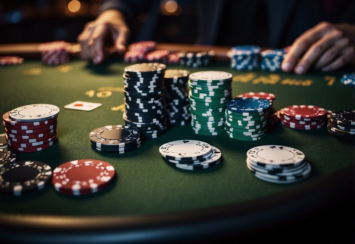 A blackjack table with cards laid out, dealer's hand visible, and chips stacked neatly