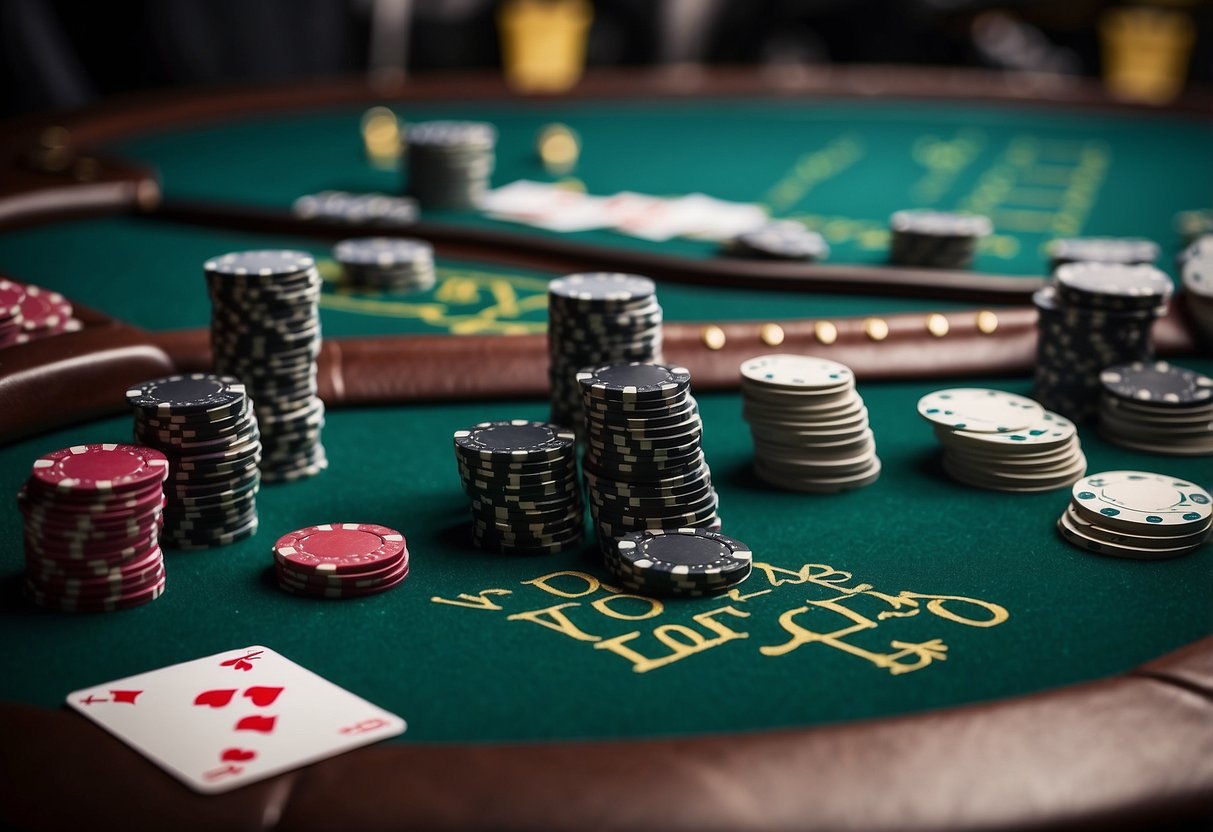 A blackjack table with cards, chips, and a basic strategy guide laid out