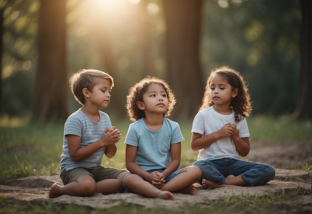 Children sitting in a circle, eyes closed, practicing deep breathing. A serene atmosphere with soft lighting and nature elements. A feeling of calm and introspection