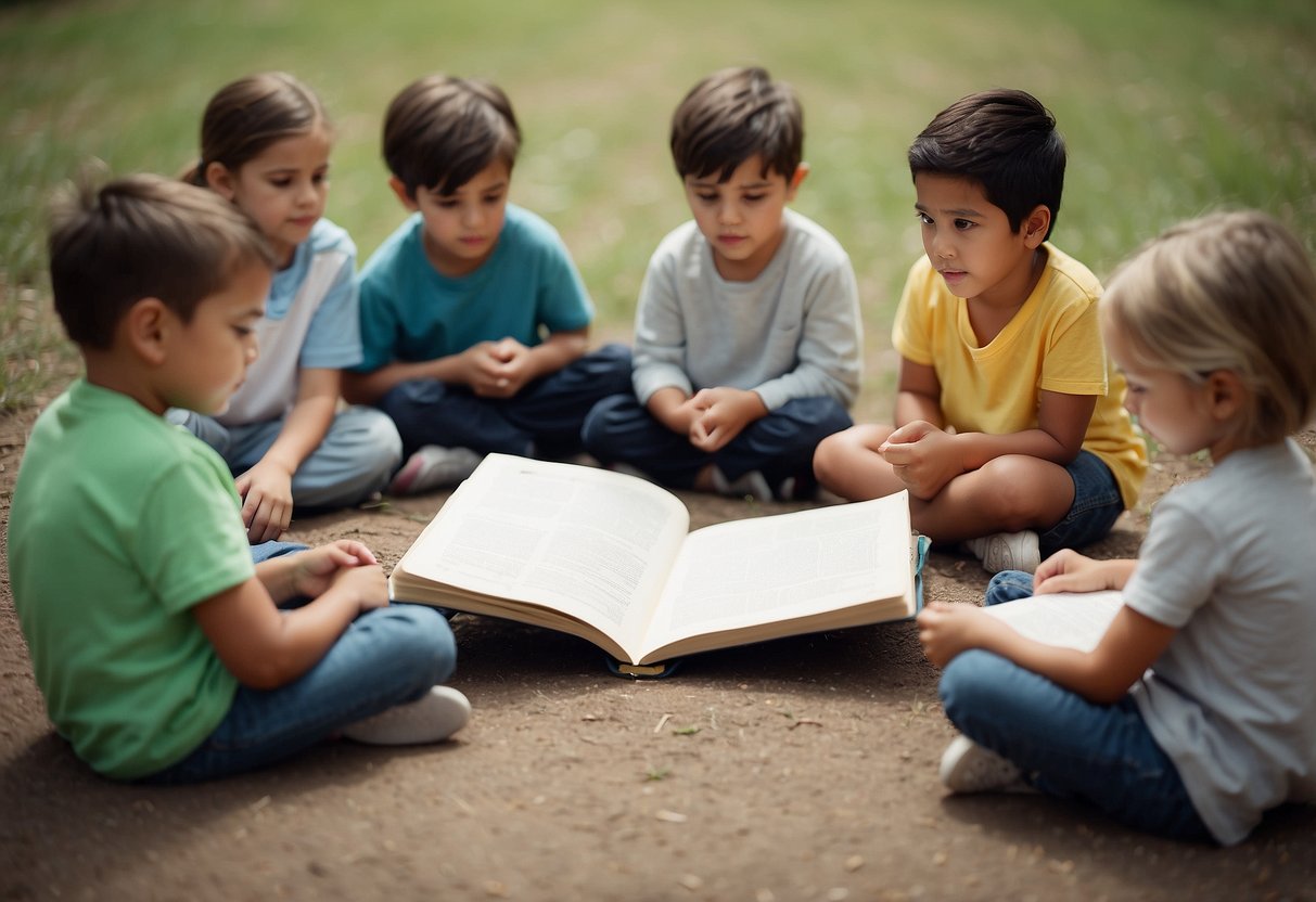 Children sit in a circle, each with a journal. They draw and write about their emotions. A range of facial expressions and colorful drawings fill the pages