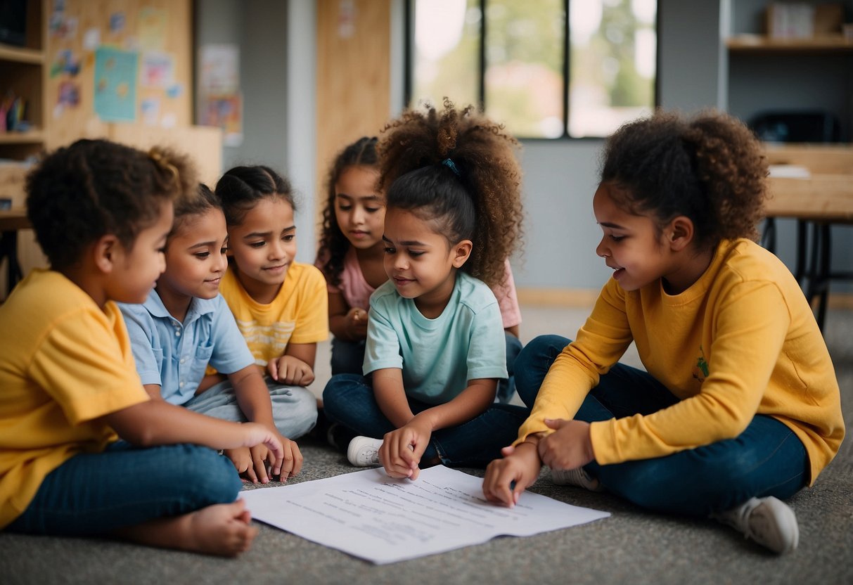 Children sitting in a circle, sharing their thoughts and feelings through drawing, writing, or verbal expression. A facilitator guides the session, encouraging empathy and understanding