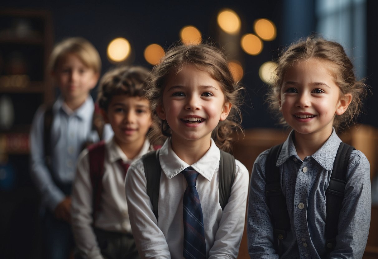 Children engaging in role-playing activities, expressing various emotions through facial expressions and body language. A group of kids acting out scenarios to promote emotional awareness