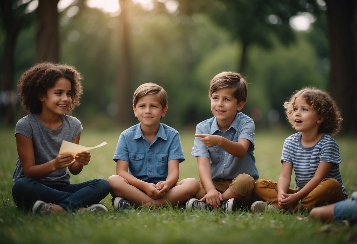 Children sit in a circle, each holding a card with a different emotion. They take turns acting out the emotion without speaking, while the others guess