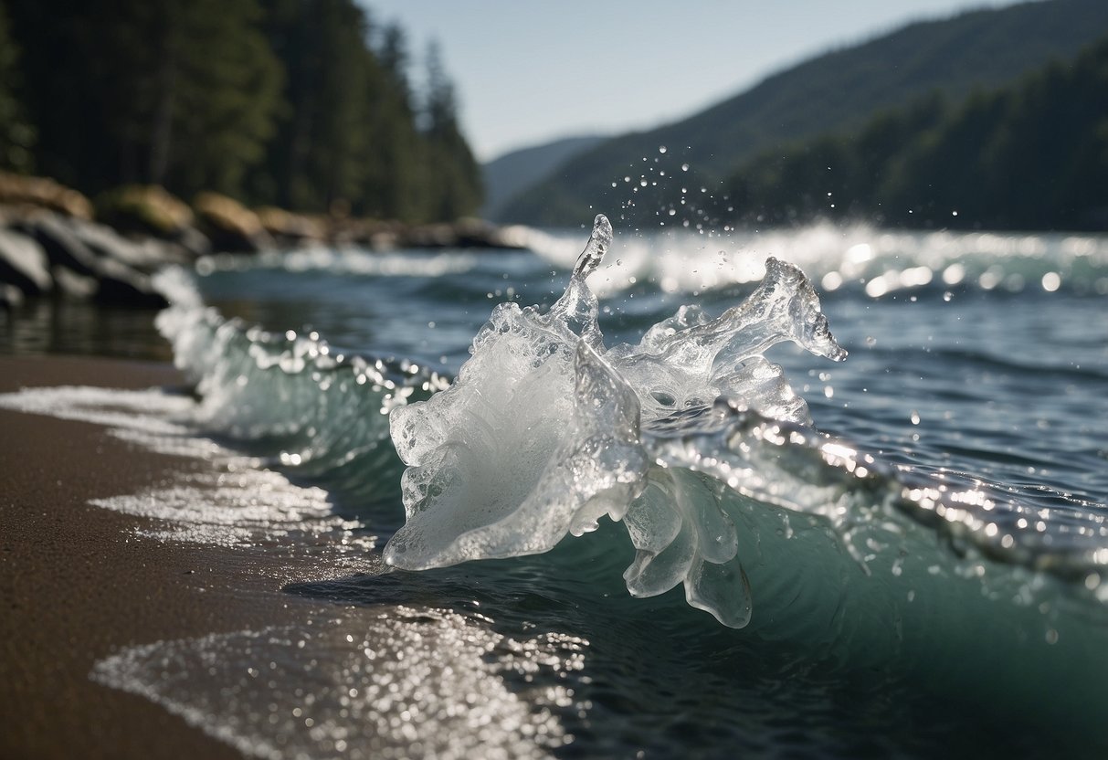 A sunny beach with waves crashing in the background for summer. A snowy forest with icicles hanging from the trees for winter