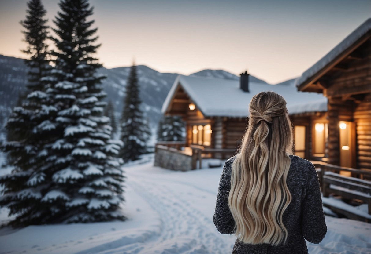 A snowy landscape with a cozy cabin in the background. A woman's tape-in hair extensions are shown being gently brushed and protected from the cold weather