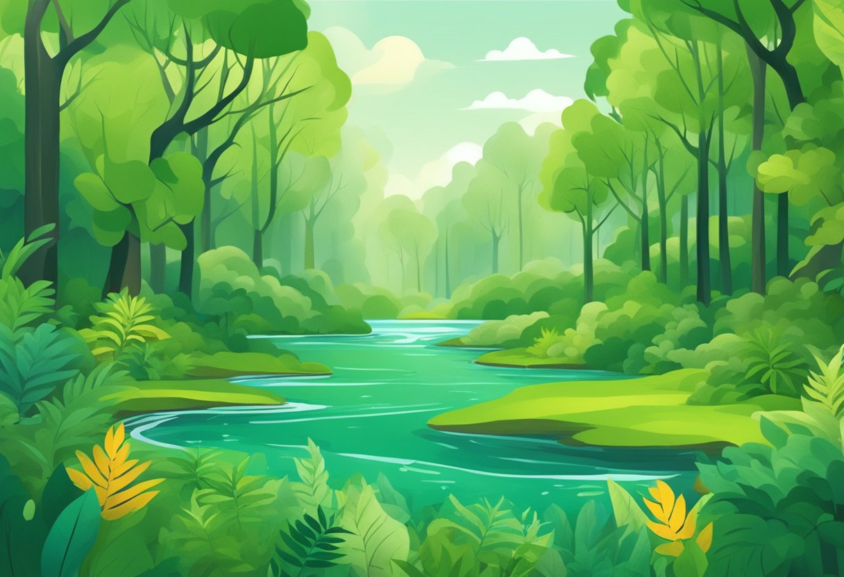 A lush green forest with a variety of trees and plants, surrounded by clear flowing water and vibrant wildlife, symbolizing sustainable and responsible investing for the post-COVID era