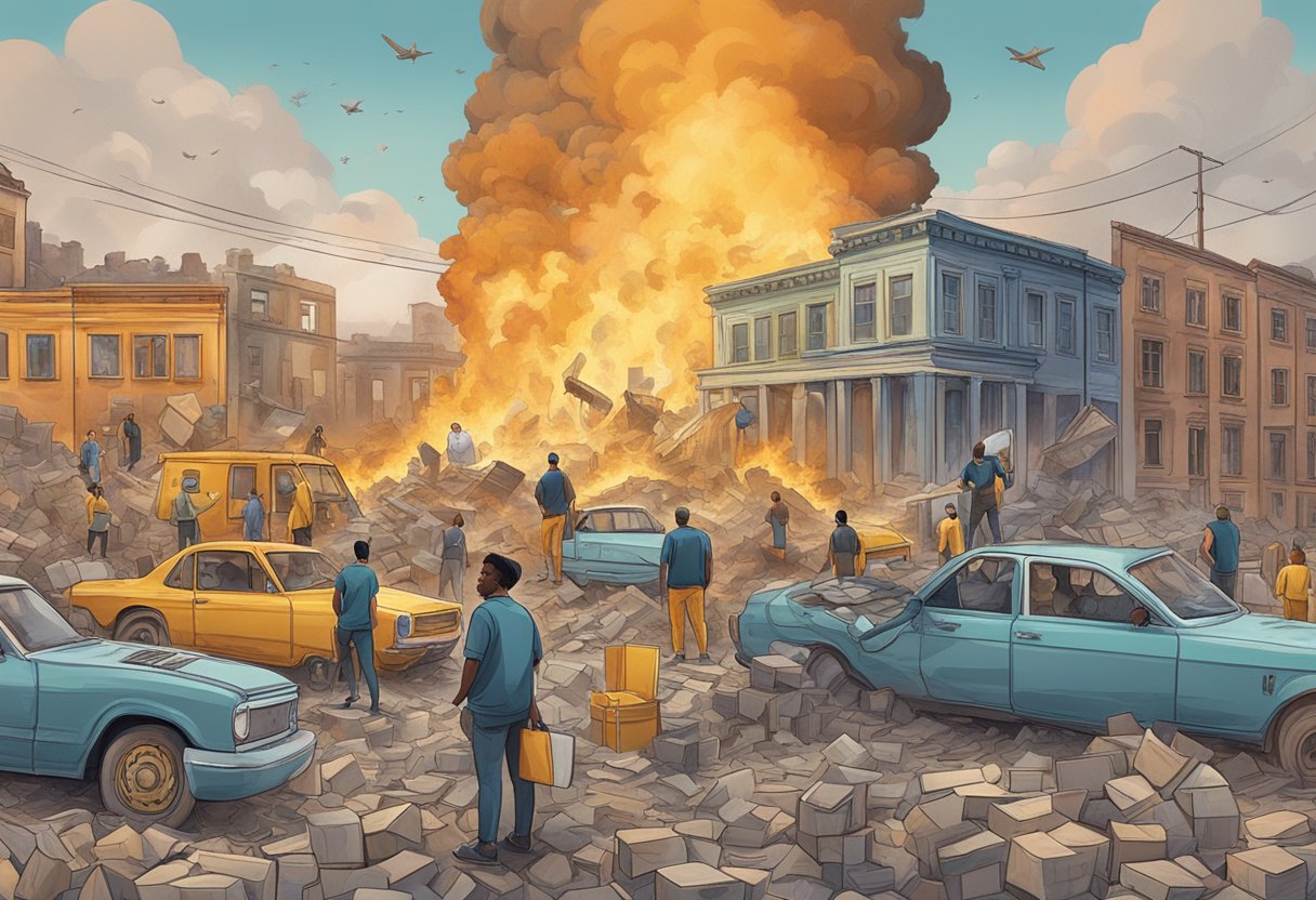 A diverse group of financial assets rising from the ashes of COVID, symbolizing resilience and growth in the post-pandemic investment landscape