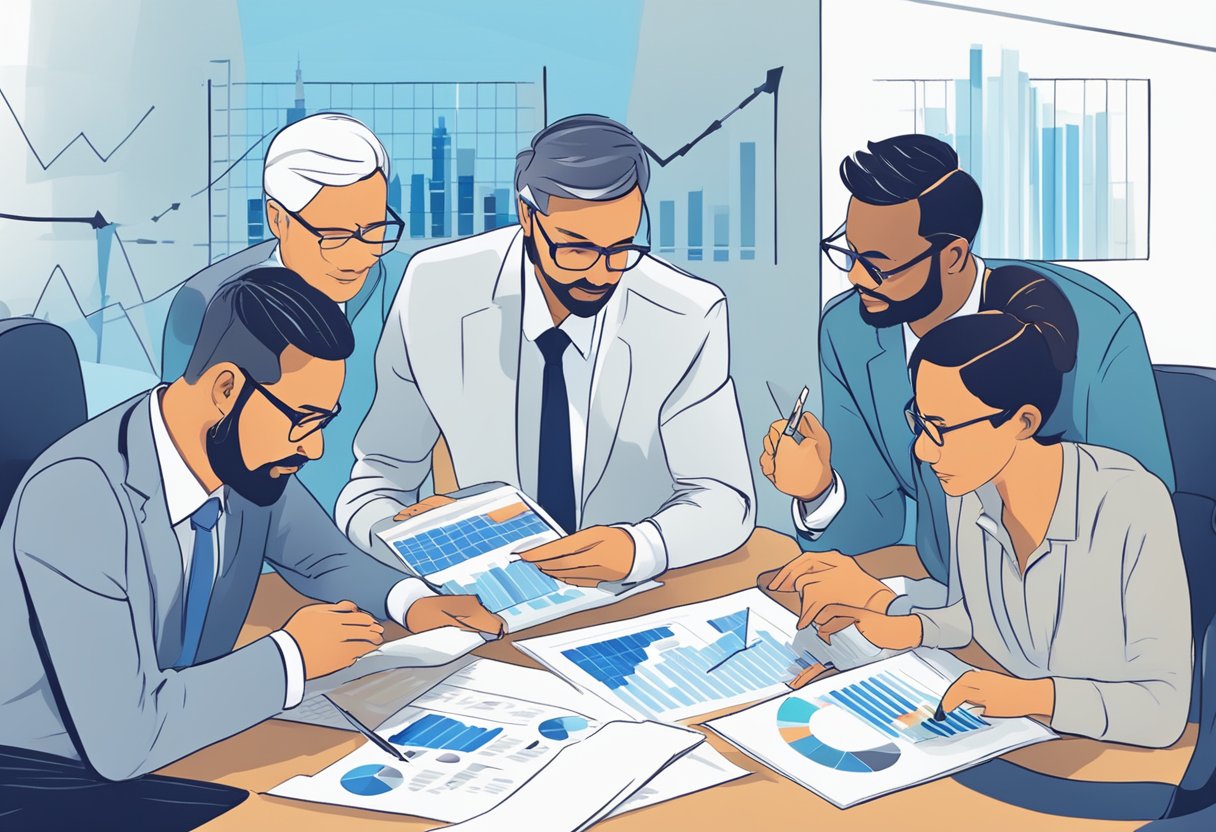 A group of investors analyzing data charts and graphs, discussing sector-specific insights for post-COVID investment strategies