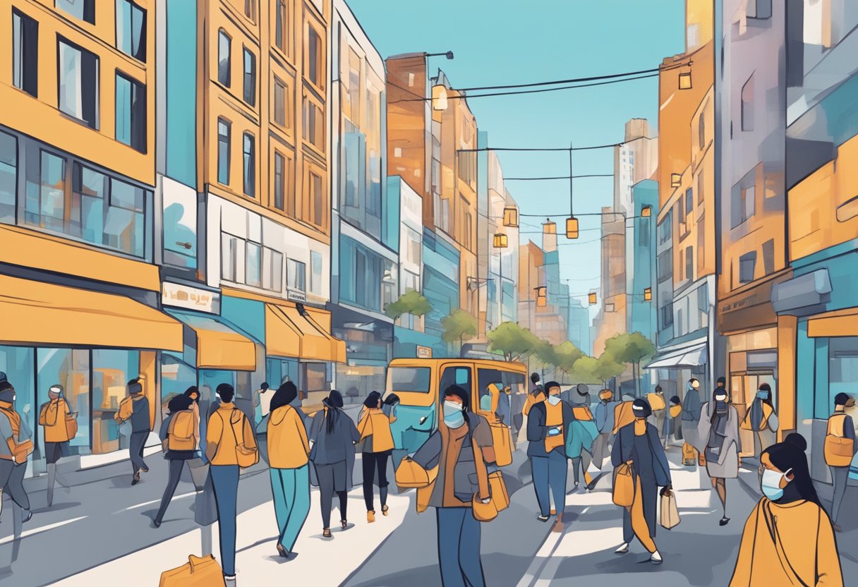 A bustling city street with people wearing masks, engaging in contactless transactions, and using delivery services, while businesses adapt to online and sustainable practices