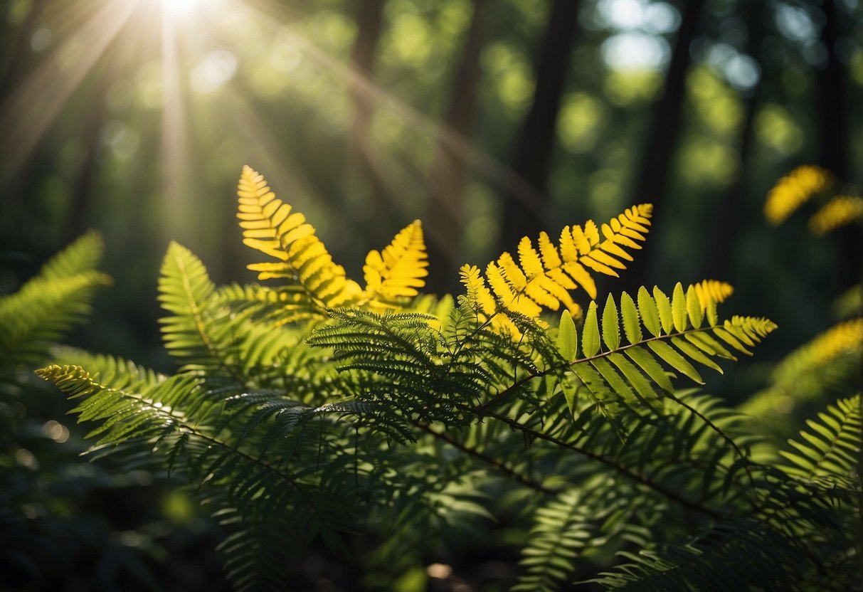 Mimosa leaves turn yellow, sunlight filtering through the canopy, casting dappled shadows on the forest floor